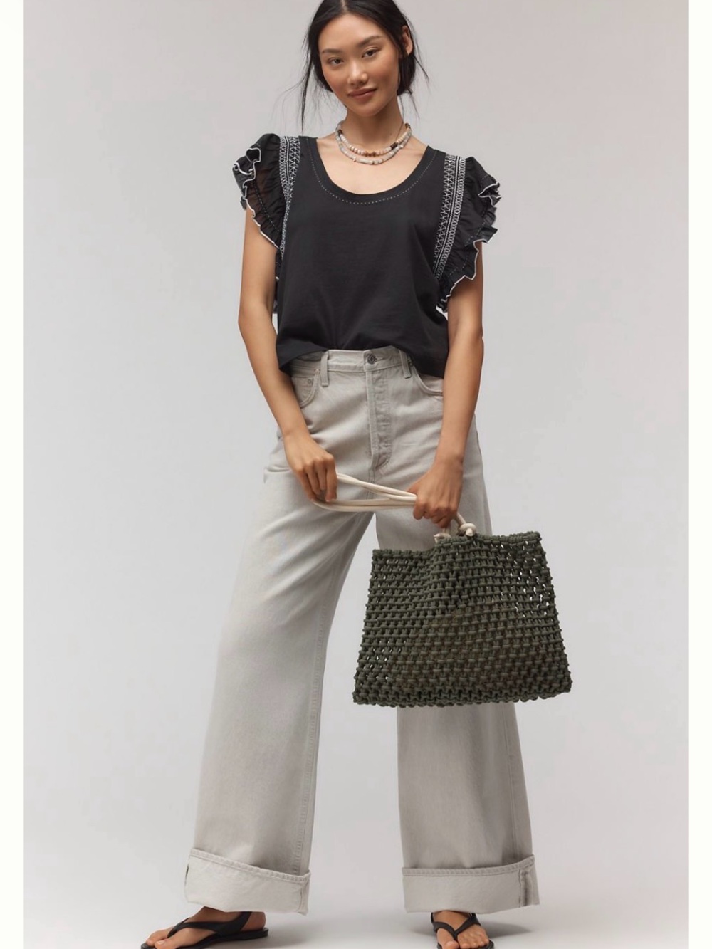 Anthropologie Black Ruffle Sleeve Embroidered Tank Top